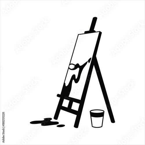 a black and white illustration of an easel canvas paintbrush and paint bucket