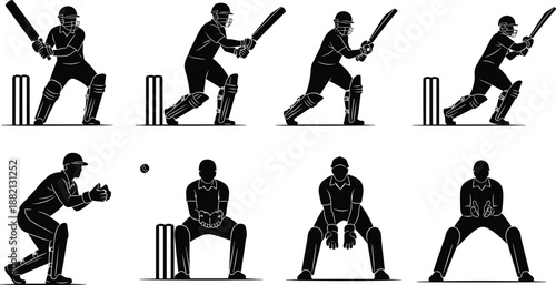 PrintCollection of black silhouettes representing professional cricket players in action including batsmen and wicket keepers, sports competition design elements isolated on white background,
