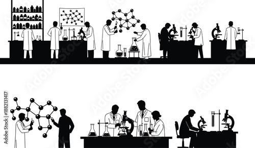PrintCollection of black silhouettes representing professional scientists and researchers working in a chemistry laboratory with microscopes beakers and molecular models vector isolated on white,