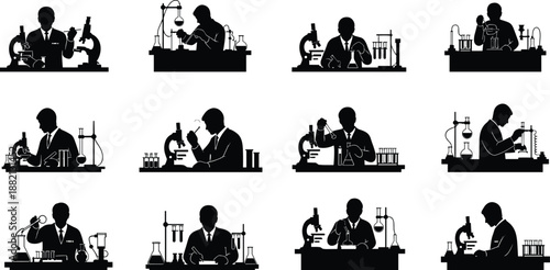 PrintCollection of black silhouettes representing professional scientists and researchers working in a chemistry laboratory with microscopes beakers and test tubes vector isolated on white,