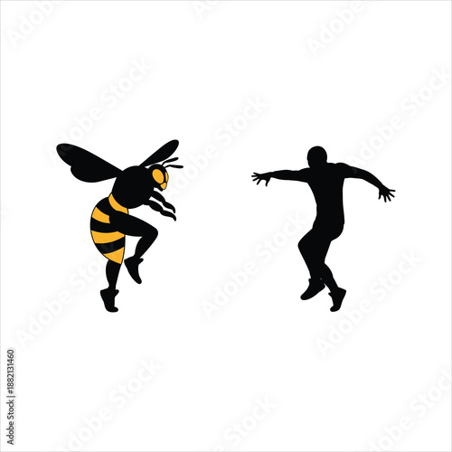 a silhouette of a bee and a person dancing in a dynamic graphic illustration