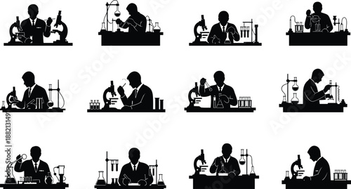 PrintCollection of black silhouettes representing professional scientists and researchers working in a chemistry laboratory with microscopes beakers and test tubes vector isolated on white,