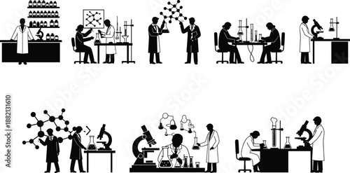 PrintCollection of black silhouettes representing professional scientists and researchers working in a chemistry laboratory with microscopes beakers and molecular models vector isolated on white,