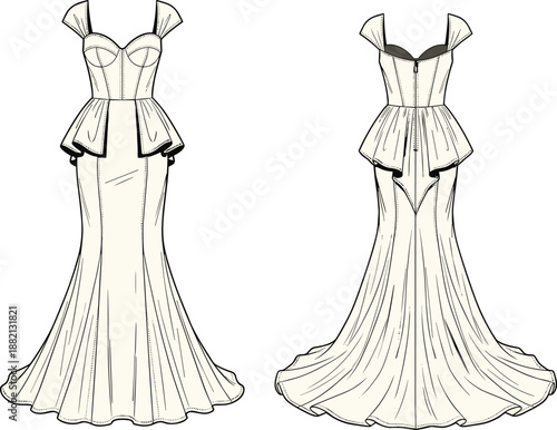 Elegant Mermaid Evening Gown Fashion Technical Sketch Featuring Sweetheart Bodice and Peplum Detail Front and Back View Illustration Isolated on White Background for Design