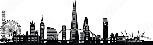 London city skyline silhouette featuring iconic landmarks including Big Ben Tower Bridge London Eye and modern skyscrapers isolated on white background vector illustration