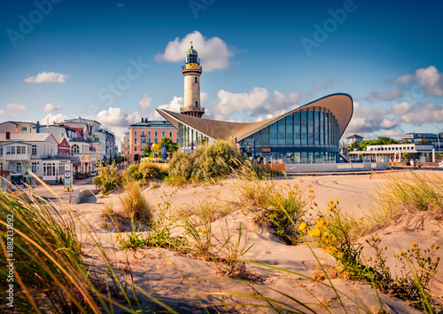 Sunny summer view of technology museum - Warnemunde lighthouse. Wonderful morning cityscape of Warnemunde port on the Baltic Sea, Germany, Europe. Traveling concept background.
