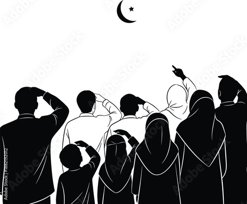 Silhouette of people looking up at a kite isolated on transparent background