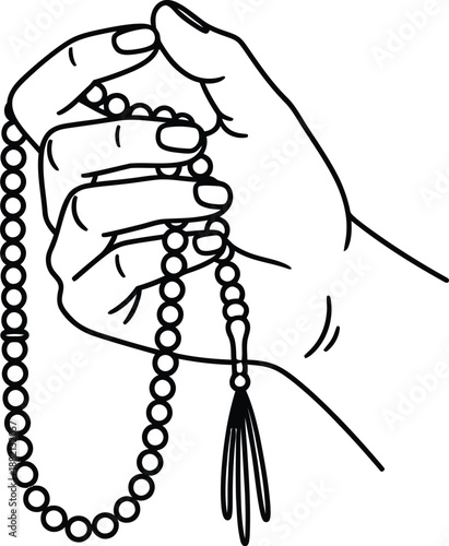 A hand holding a mala bead necklace isolated on transparent background