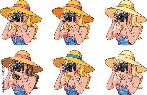 PrintCollection of young female photographer illustrations wearing summer sun hats and floral swimsuits while holding professional digital cameras, vacation travel photography vector isolated,