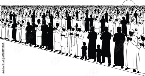 Large crowd of people standing in line isolated on transparent background