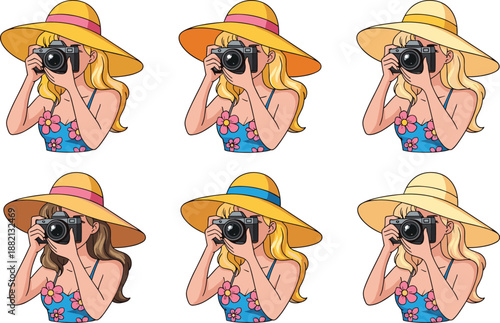 PrintCollection of young female photographer illustrations wearing summer sun hats and floral swimsuits while holding professional digital cameras, vacation travel photography vector isolated