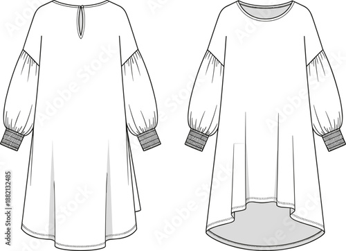 PrintFashion technical sketch of a womens long puffed sleeve tunic dress with smocked cuffs and high low hemline apparel design template isolated on white,