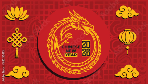 Chinese New Year 2026 golden dragon circle with traditional lucky symbols on red pattern background, lunar festival greeting card with lanterns clouds