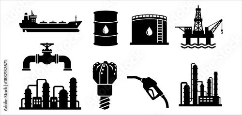 Industrial Petroleum and Energy Sector Icons Collection with Oil Rig, Refinery Plant, Fuel Pump, and Storage Tank Silhouettes
