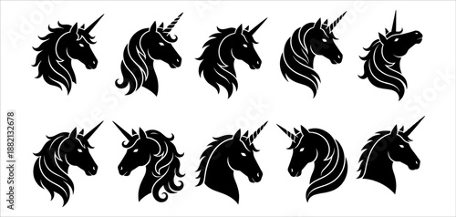 Collection of ten elegant black unicorn head silhouettes in various profile views, featuring majestic horns and flowing manes for heraldic logo design and fantasy branding.
