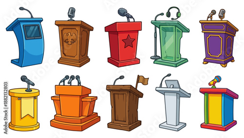 Cartoon Podium and Lectern Set – Public Speaking and Presentation Stands Collection, podium, lectern, speaker stand, rostrum, pulpit, presentation stand, speech podium, debate podium, 