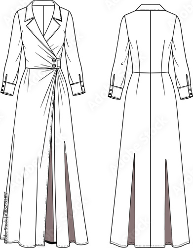 PrintFashion technical sketch of a womens long sleeve wrap maxi dress with notched collar button waist and front slit apparel template isolated on white,