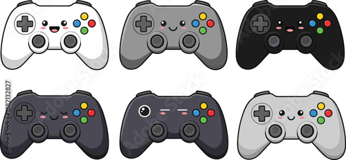 PrintKawaii game controller collection with cute smiling faces and colorful buttons, cartoon video game joystick stickers for gaming room vector isolated on white,
