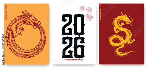 Chinese New Year 2026 dragon poster set with circular and serpent designs, year of the dragon celebration cards with traditional symbols, lunar festival greeting templates with typography