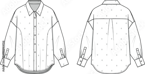 Fashion technical sketch of a womens oversized long sleeve button down shirt with diamond print pattern front and back view apparel template isolated on white,