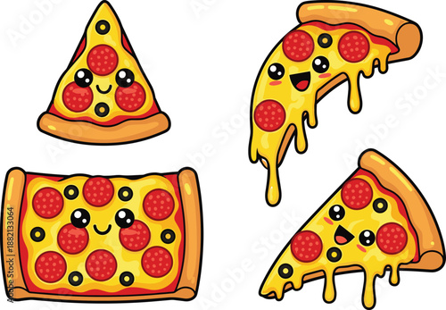 PrintKawaii pepperoni pizza slice collection with cute smiling faces and melting cheese, cartoon fast food stickers for kids menu vector isolated illustration,
