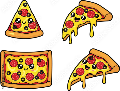 PrintKawaii pepperoni pizza slice collection with cute smiling faces and melting cheese, cartoon fast food stickers for kids menu vector isolated illustration,