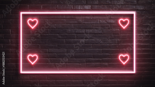Neon Hearts on Brick Wall: Vibrant neon hearts encircle a glowing frame, illuminating the textured surface of a dark brick wall. A striking visual blend of modern and urban aesthetics. 