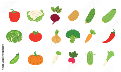 A collection of fresh vegetables, healthy food ingredients, organic farm produce on white background