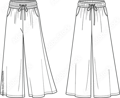 PrintFashion technical sketch of a womens wide leg lounge pants with smocked elastic waistband drawstring and side pockets apparel design template isolated on white,