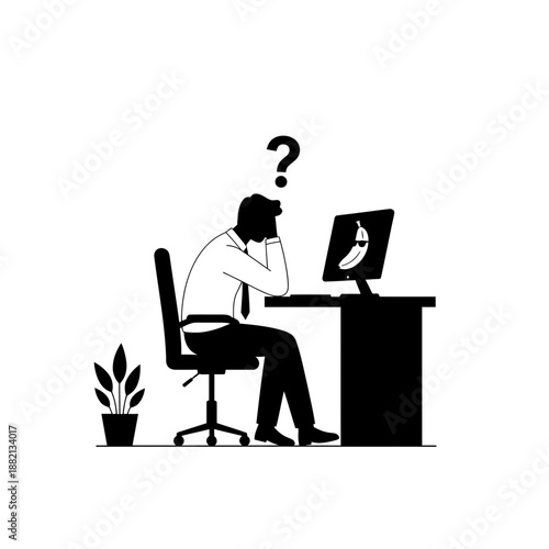April Fools Banana Prank on Office Computer with Confused Employee Black and White Cartoon Illustration