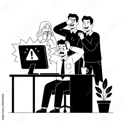 April Fools Office Computer Error Prank with Shocked Employee and Laughing Coworkers Black and White Illustration