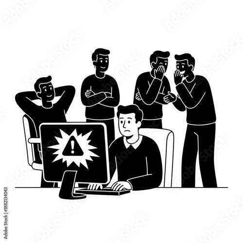 April Fools Office Coworkers Whispering During Computer Prank Black and White Cartoon Illustration