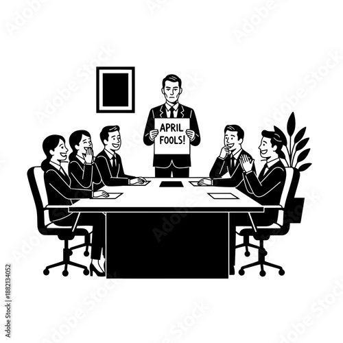 April Fools Office Meeting Prank with Boss Holding April Fools Sign Black and White Cartoon Illustration