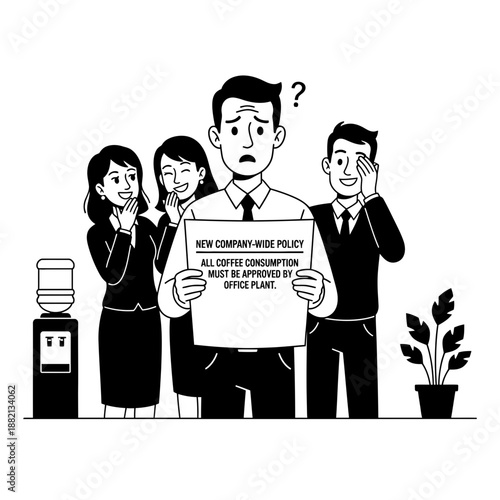 April Fools Office Prank Policy Memo Announcement with Confused Employee Black and White Cartoon Illustration