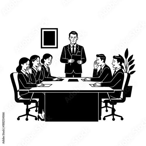 April Fools Office Meeting Serious Moment Before Prank Reveal Black and White Cartoon Illustration