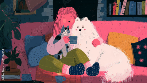 Warm cozy illustration of a girl cuddling her dog and cat at home celebrating National Love Your Pet Day