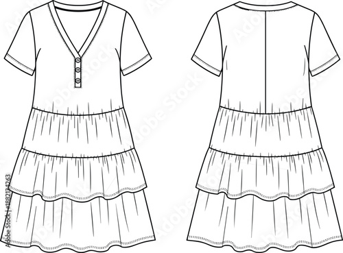 PrintTechnical Fashion Flat Illustration of Women's Tiered Summer Dress Featuring V-Neckline Partial Button Placket Short Sleeves and Triple Layer Ruffled Skirt Hem Vector Sketch Template
