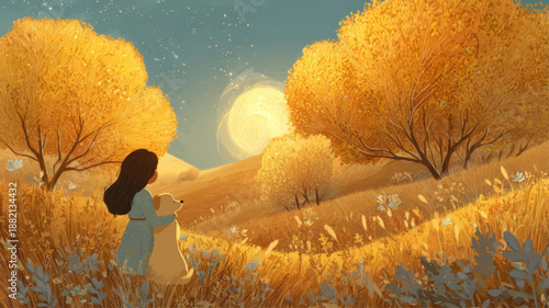 Heartwarming autumn illustration of a girl hugging her dog in a golden field celebrating National Love Your Pet Day