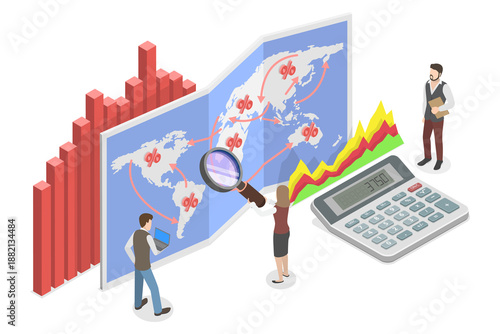 Fotografija 3D Isometric Flat  Illustration of Population Research, Exploring Global Population Statistics With Magnifying Glass On World Map