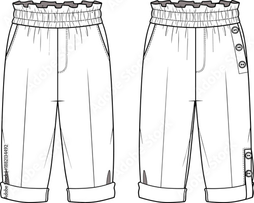 PrintTechnical Fashion Illustration of Women's Paperbag Waist Cropped Trousers Featuring Elastic High Rise Waistband Side Button Details Cuffed Hem and Front Pockets Vector Sketch