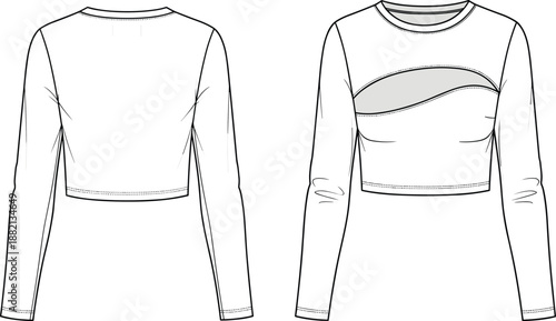 PrintTechnical Flat Sketch of Women's Long Sleeve Crop Top with Chest Cutout Detail Front and Back View Vector Fashion Template for Apparel Design Illustration