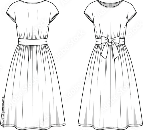 PrintWomen Cap Sleeve A Line Dress Technical Fashion Illustration Flat Sketch with Crew Neck Bow Tie Waist and Pleated Skirt Design Template Vector Illustration