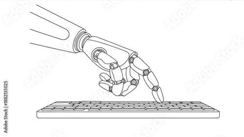 Robotic Hand Pressing Keyboard Button Line Illustration