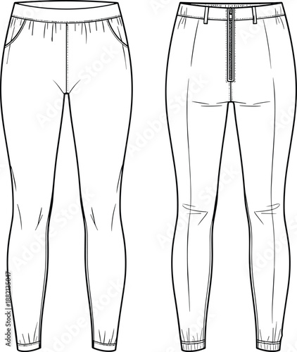 PrintWomen High Waisted Skinny Leggings Technical Fashion Illustration Flat Sketch with Front Zipper Detail Elastic Waistband Side Pockets and Seamed Front Design Template Vector