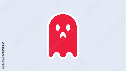 Red Ghost Cartoon Character with Spooky Expression on Light Blue Background.