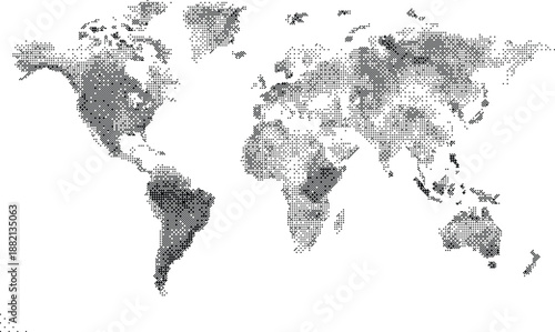 Halftone illustration of world map on with gray tones