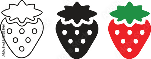 Minimalist strawberry designs in outline, solid, and colorful styles. Flat cute strawberry icon vector illustration design.