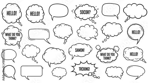 Comic speech bubble set with various expressions like Hello, What do you think?, and other phrases on an isolated white background