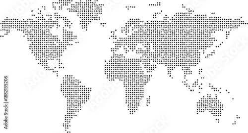 A black and white illustration of a world map made up of small dots