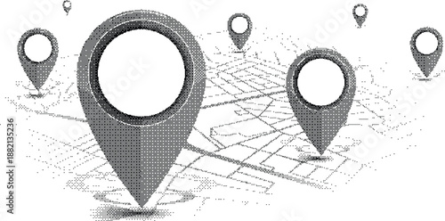 A black and white illustration of location markers on a map